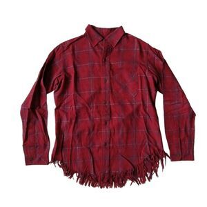 Current/Elliott Red Long Sleeve Frayed Plaid Cotton Shirt Women's Size 1 Small